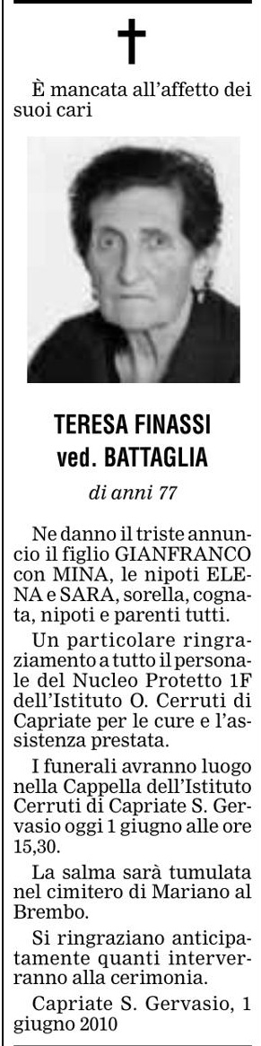 Annuncio Eco Bergamo TERESA FINASSI ved. BATTAGLIA
