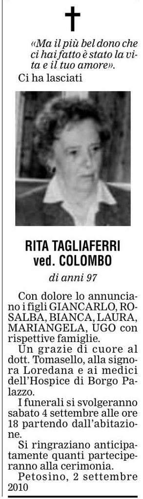 Annuncio Eco Bergamo RITA TAGLIAFERRI ved. COLOMBO