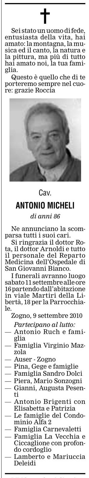 Annuncio Eco Bergamo Cav. ANTONIO MICHELI